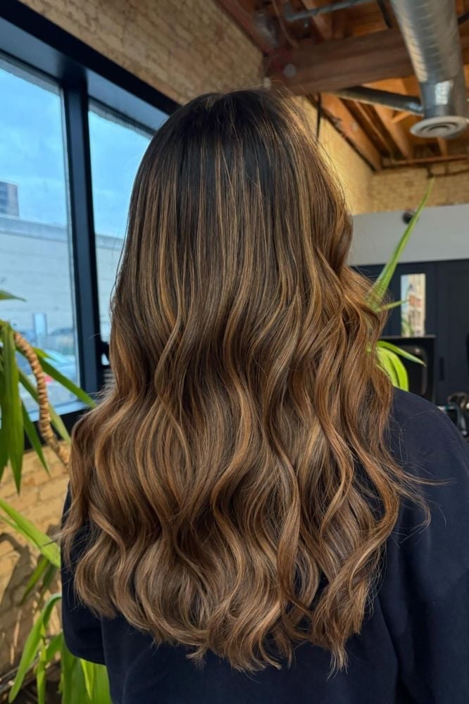 Mid-Back Dark Brown With Golden Brown Highlights Mid-Back Dark Brown With Golden Brown Highlights — Classy Highlights on Dark Brown