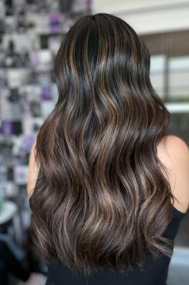 Mid-Back Dark Brown With Ash Blonde Highlights, Close-Up Take Mid-Back Dark Brown With Ash Blonde Highlights, Close-Up Take — Classy Highlights on Dark Brown