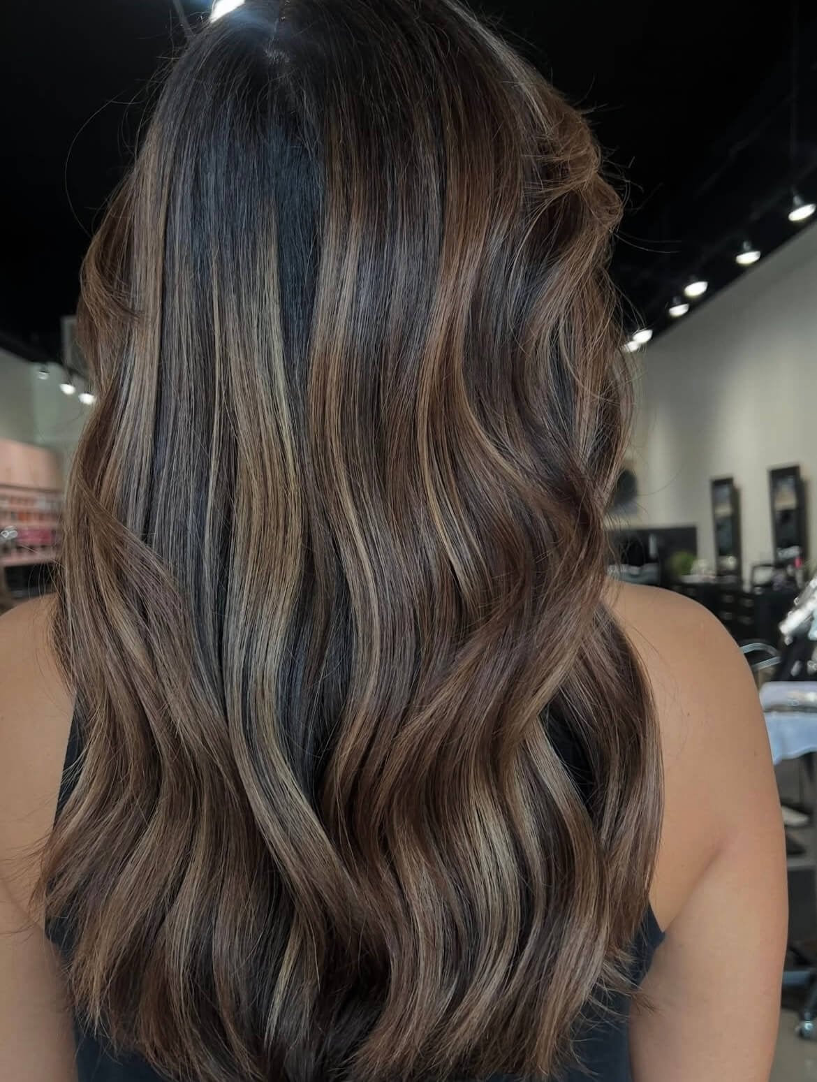Mid-Back Dark Brown With Subtle Blonde Highlights and Layers, Middle Mid-Back Dark Brown With Subtle Blonde Highlights and Layers, Middle — Classy Highlights on Dark Brown