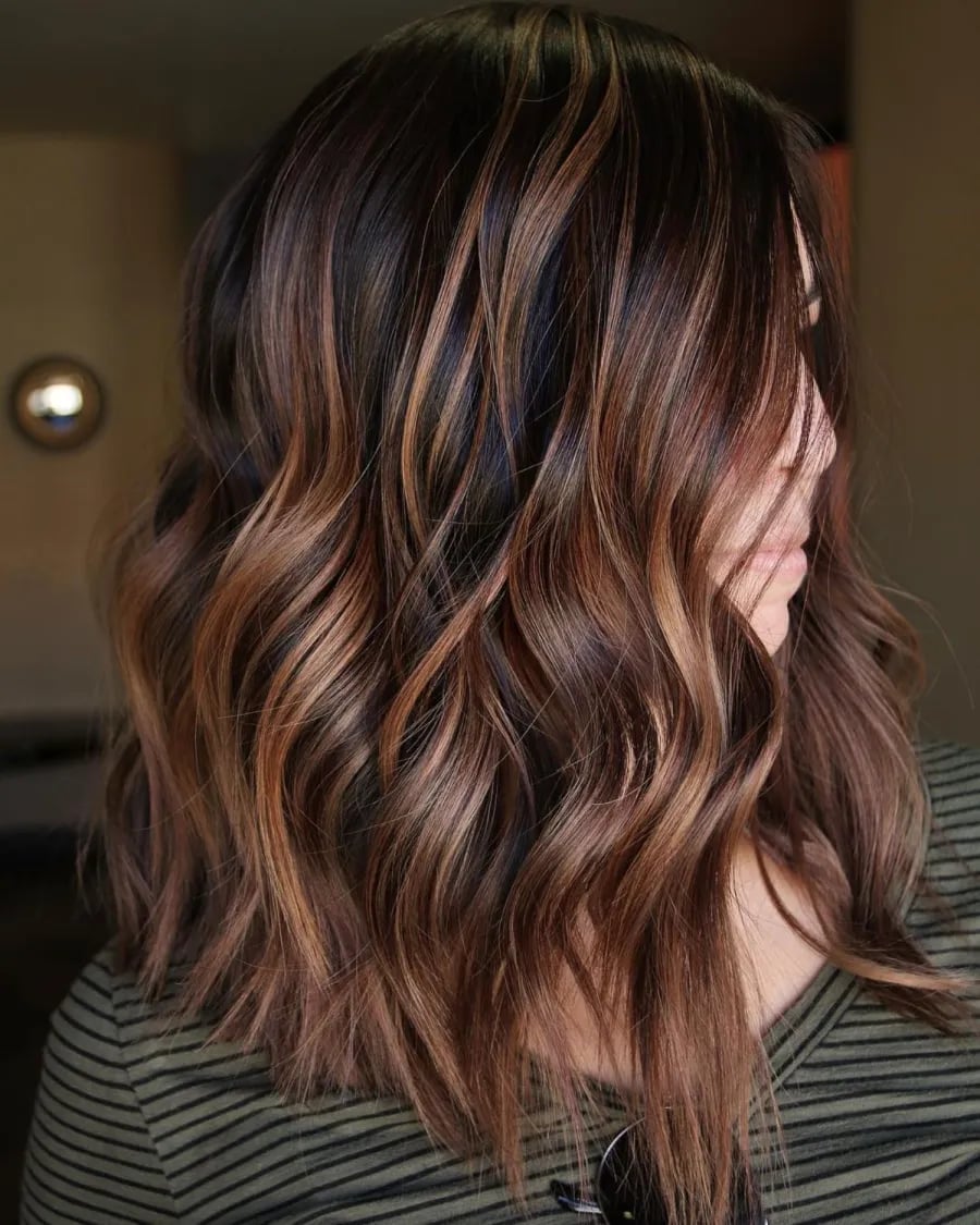 Dark Brown Lob With Caramel Highlights Dark Brown Lob With Caramel Highlights — Classy Highlights on Dark Brown