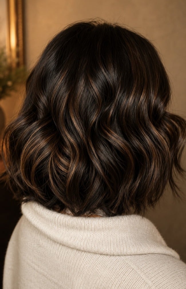 Collarbone Dark Brown With Caramel Highlights Back View Collarbone Dark Brown With Caramel Highlights Back View — Classy Highlights on Dark Brown