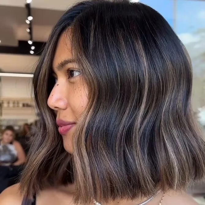 Chin Length Dark Brown Bob With Ash Blonde Highlights Chin Length Dark Brown Bob With Ash Blonde Highlights — Classy Highlights on Dark Brown