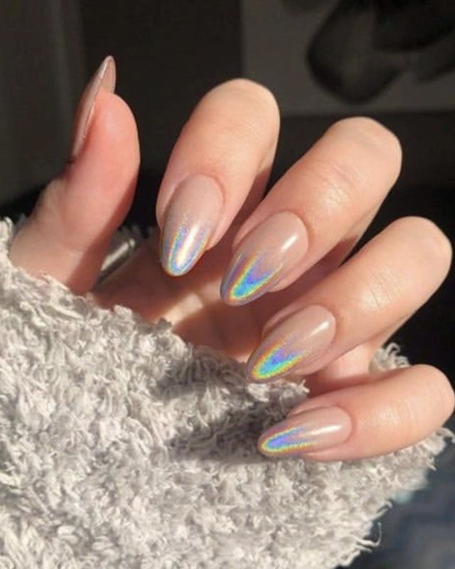 Medium Almond Holographic French Tips Medium Almond Holographic French Tips — Classy Holographic Nails