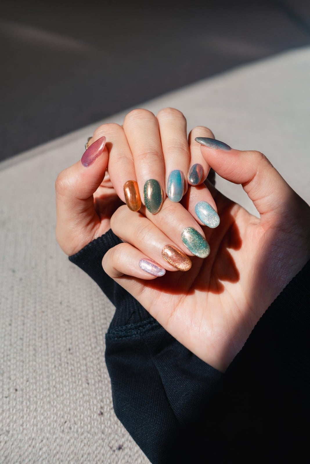 Short Almond Multi-Color Cat-Eye Nails Short Almond Multi-Color Cat-Eye Nails — Classy Holographic Nails