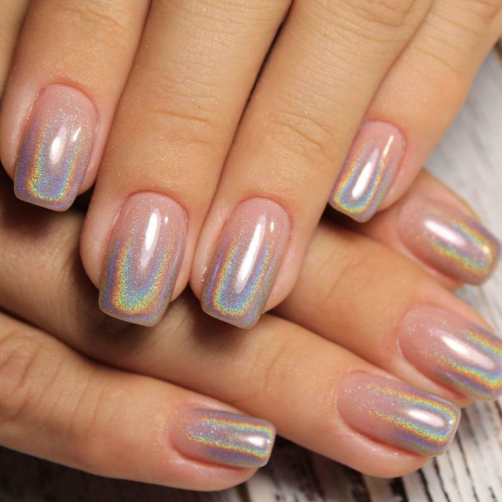 Short Square Sheer Nude Holographic Short Square Sheer Nude Holographic — Classy Holographic Nails