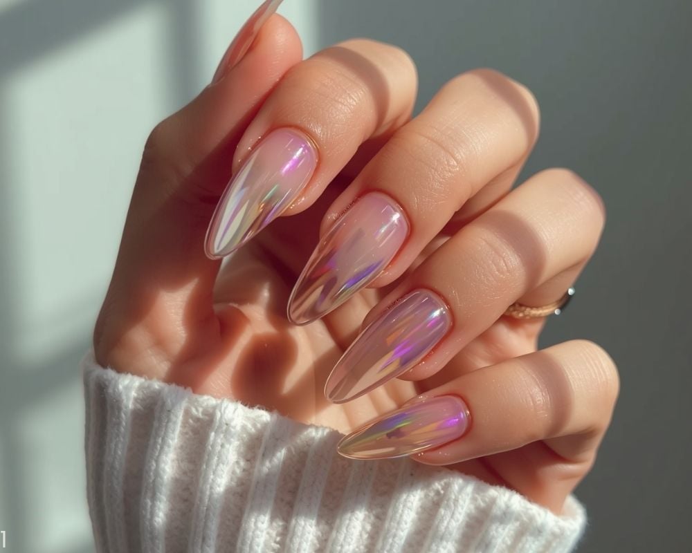 Long Stiletto Jelly Holographic Chrome With Clear Base Long Stiletto Jelly Holographic Chrome With Clear Base — Classy Holographic Nails
