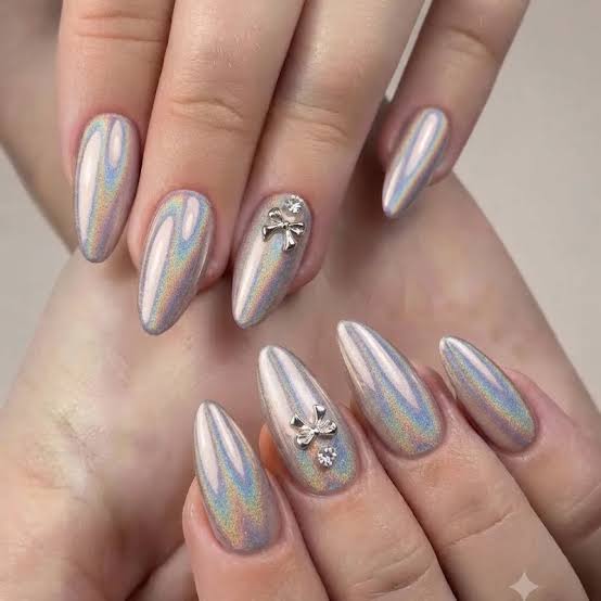 Medium Almond Pearlescent Holographic Chrome Medium Almond Pearlescent Holographic Chrome — Classy Holographic Nails