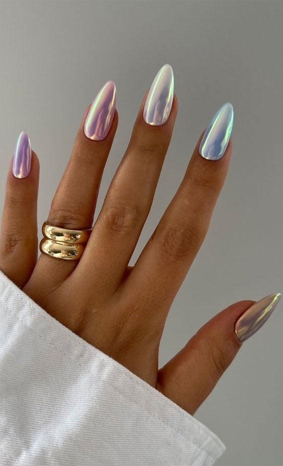 Medium Almond Iridescent Pastel Chrome Medium Almond Iridescent Pastel Chrome — Classy Holographic Nails