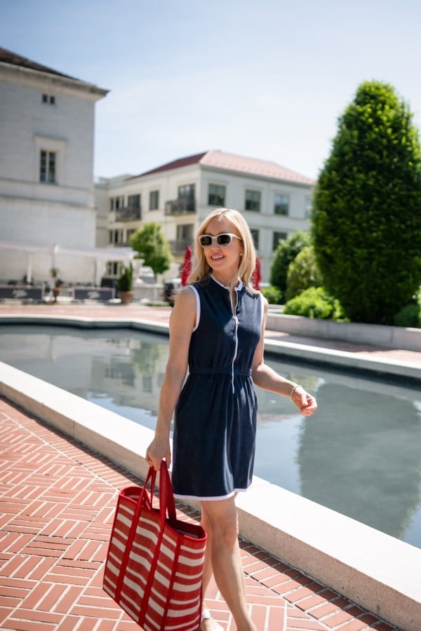 Navy Sleeveless Dress with White Trim Navy Sleeveless Dress with White Trim — Classy Hot Weather Outfits