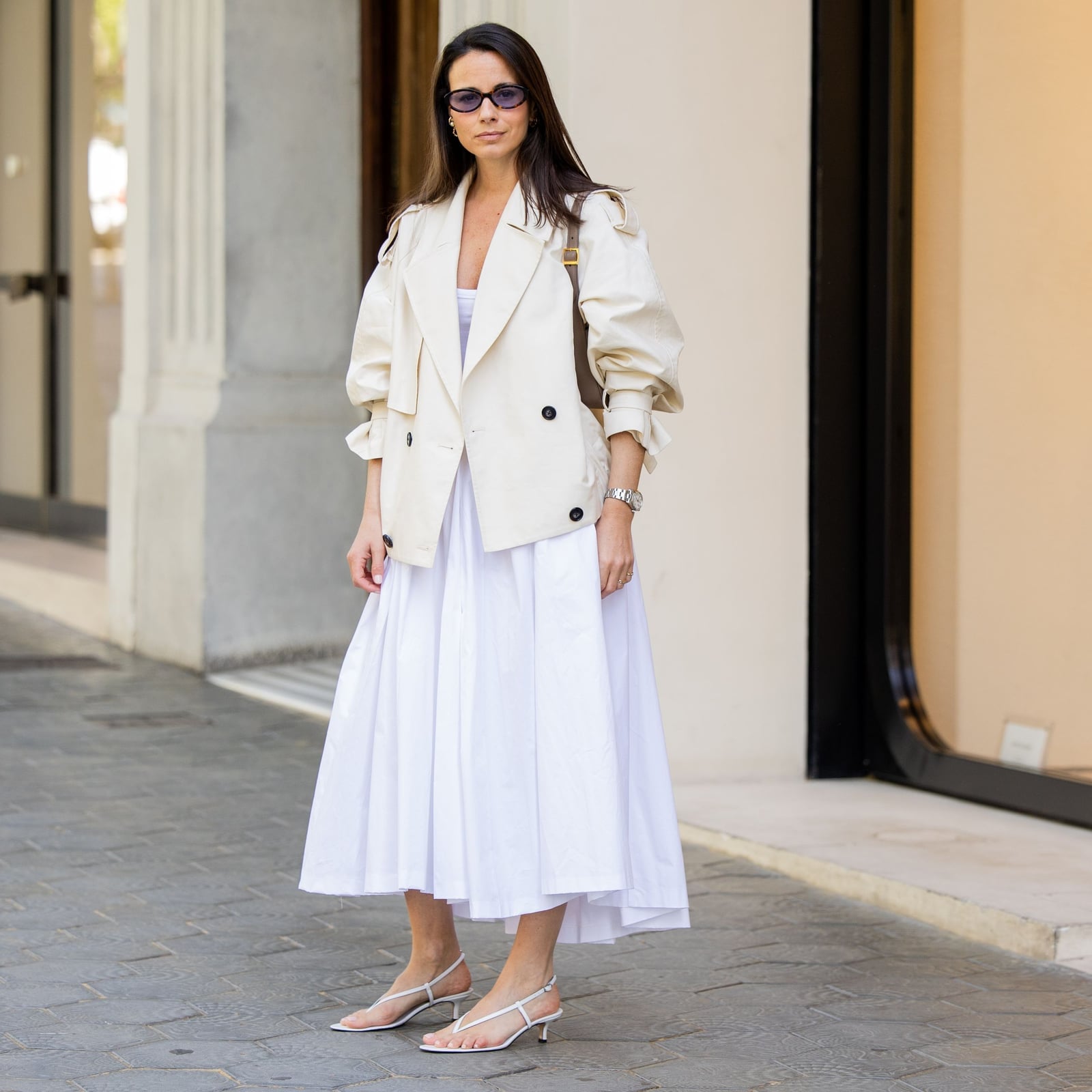White Midi Dress and Cream Jacket White Midi Dress and Cream Jacket — Classy Hot Weather Outfits