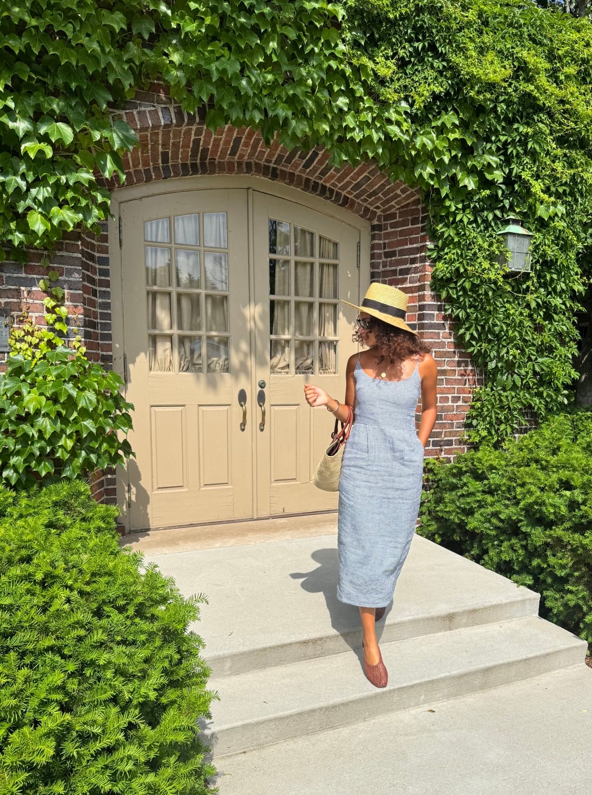 Gingham Midi Dress and Straw Hat Gingham Midi Dress and Straw Hat — Classy Hot Weather Outfits