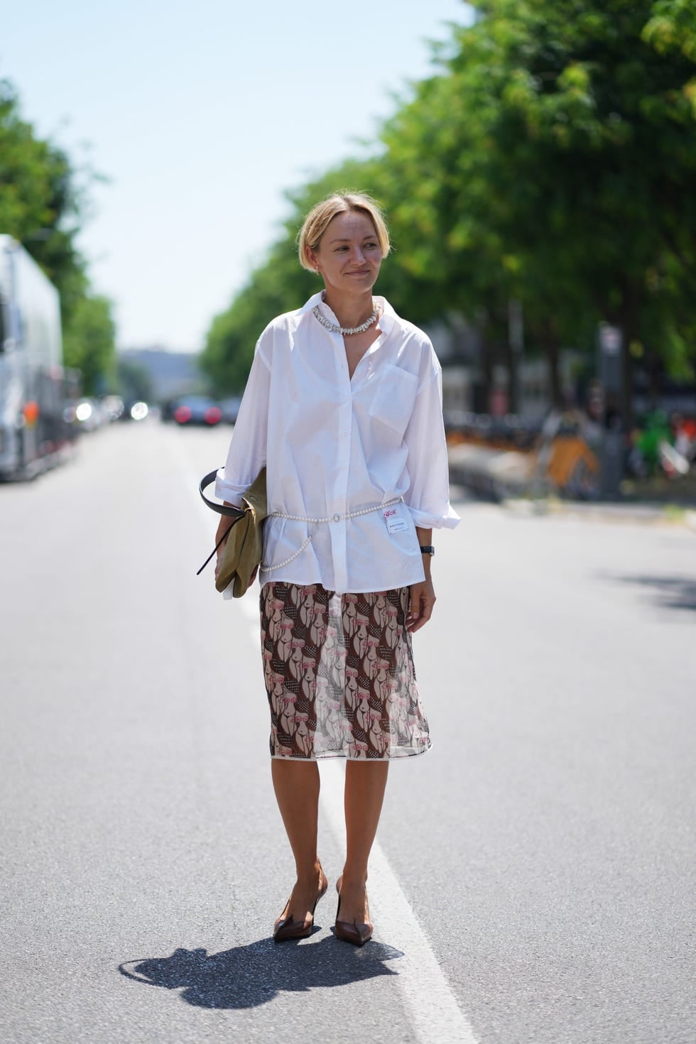 Oversized Shirt Over Patterned Midi Skirt Oversized Shirt Over Patterned Midi Skirt — Classy Hot Weather Outfits
