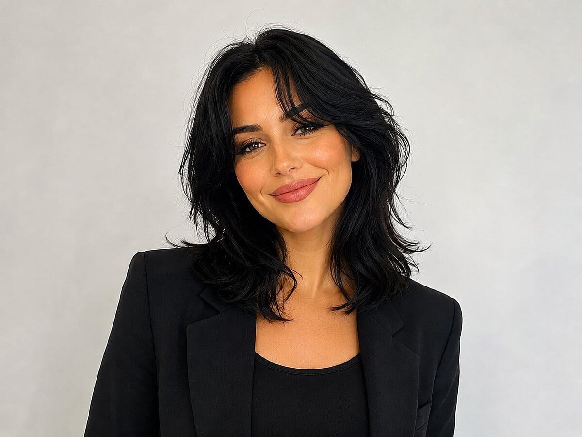 Fitted Blazer Over Tank Top With Layered Shag Haircut Fitted Blazer Over Tank Top With Layered Shag Haircut — Classy Hush Cut