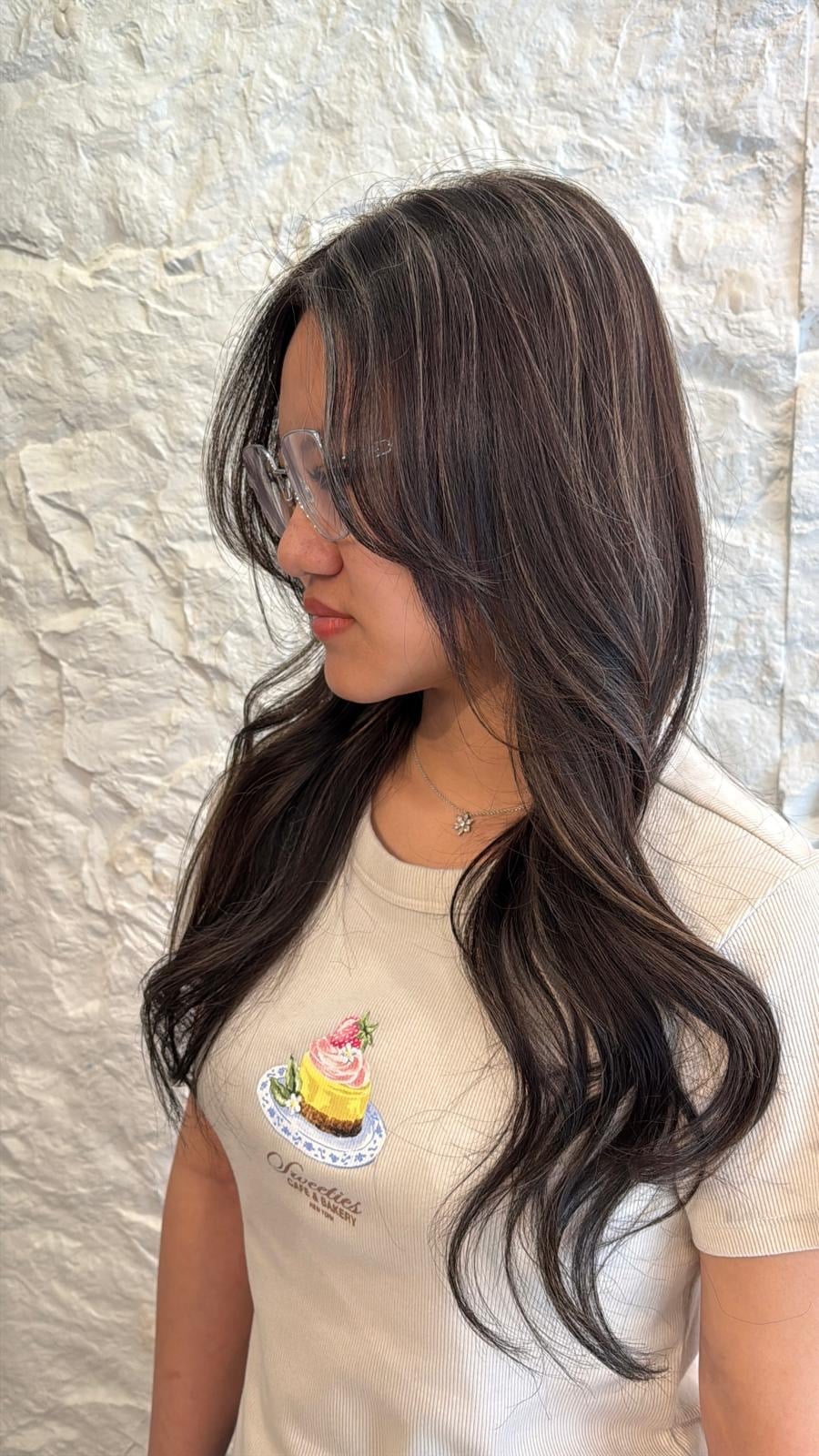 Graphic T-Shirt With Glasses And Face-Framing Layers Graphic T-Shirt With Glasses And Face-Framing Layers — Classy Hush Cut