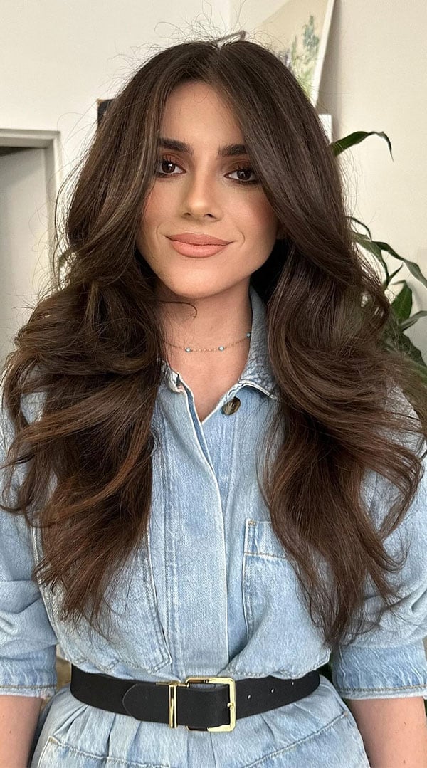 Denim Shirt With Belt And Voluminous Wavy Hair Denim Shirt With Belt And Voluminous Wavy Hair — Classy Hush Cut