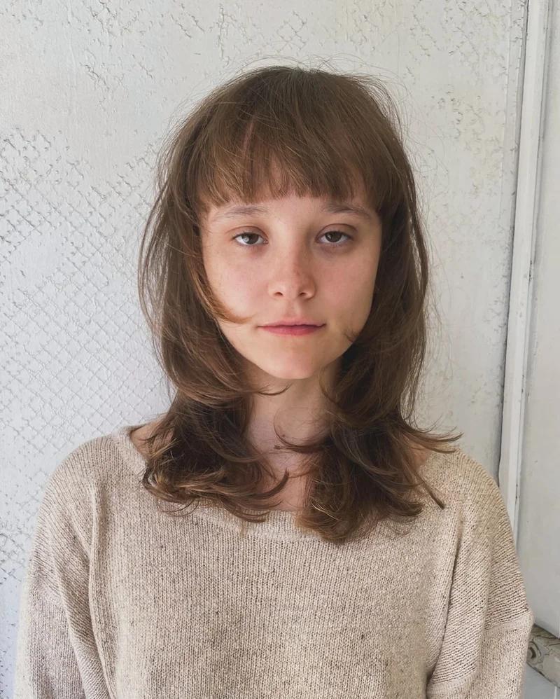 Beige Knit Sweater With Layered Cut And Bangs Beige Knit Sweater With Layered Cut And Bangs — Classy Hush Cut
