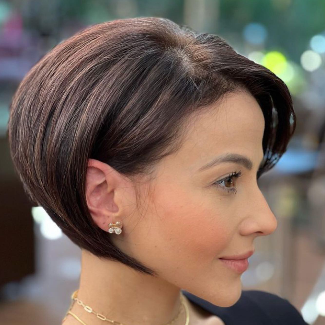 Sleek Dark Brown Bob Just Below Ear Sleek Dark Brown Bob Just Below Ear — Classy Inverted Bob