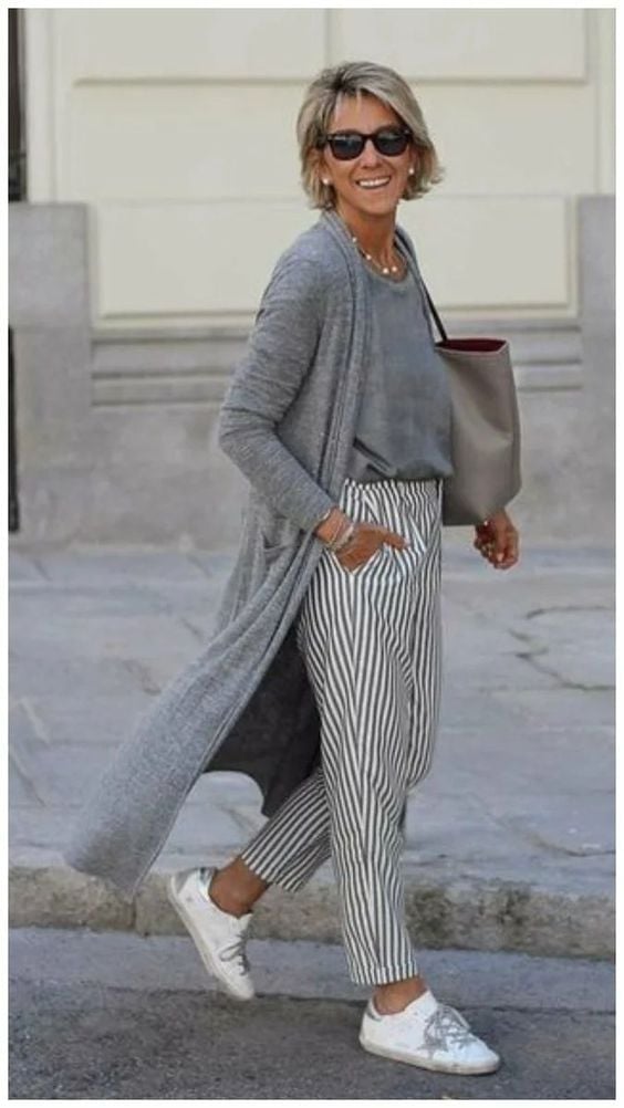 Gray Cardigan with Striped Cropped Trousers — Classy Italian Style