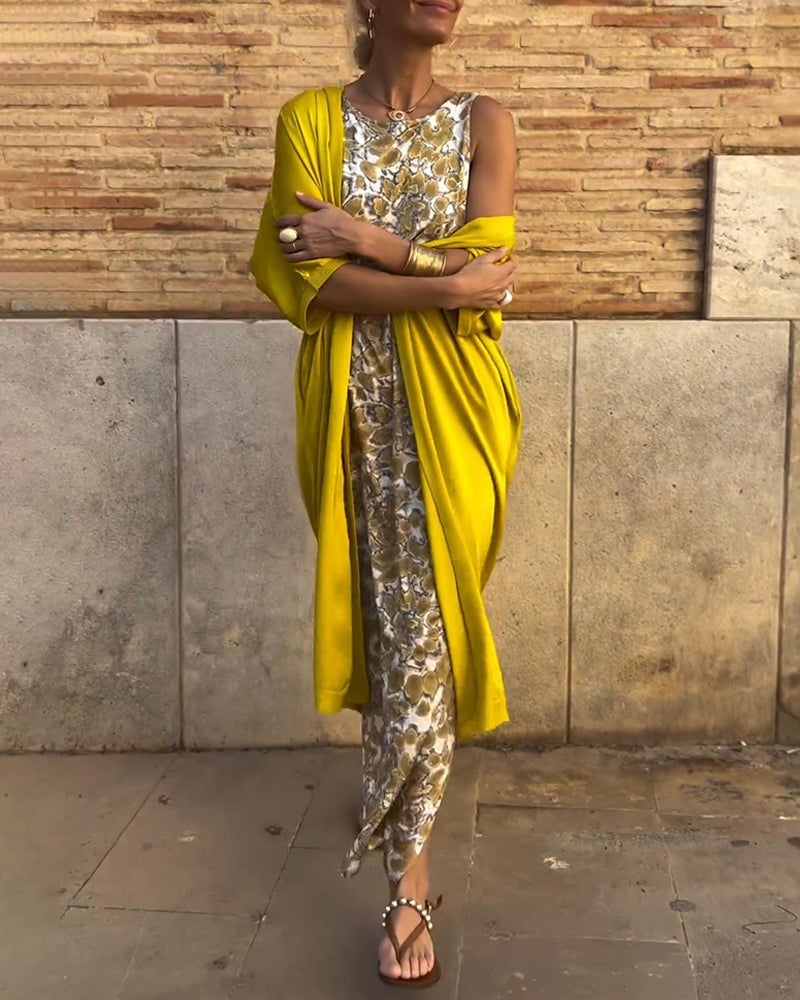 Floral Print Dress with Yellow Long Cardigan — Classy Italian Style