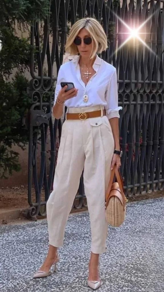 White Button-Down Shirt with Beige Linen Trousers — Classy Italian Style