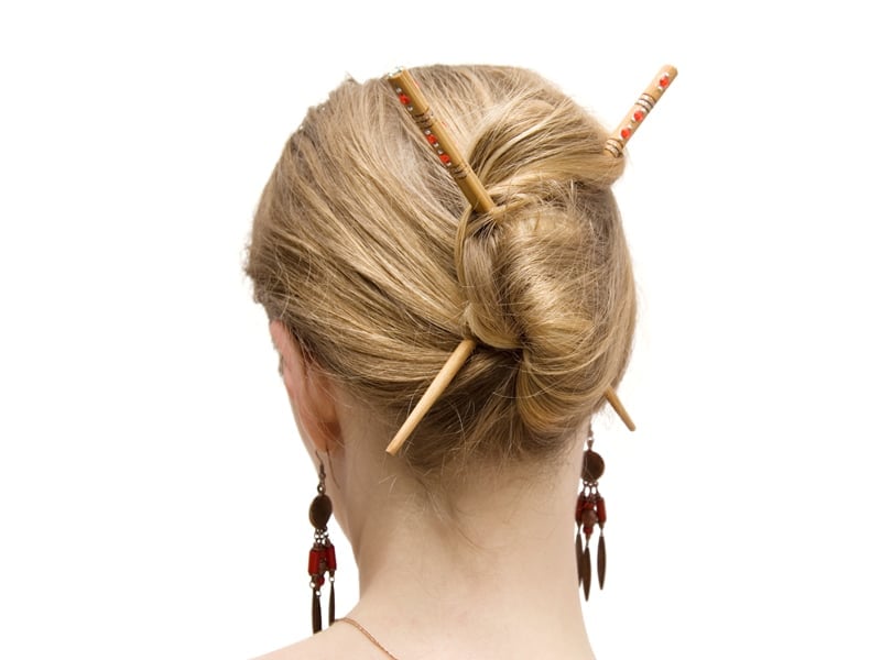 Blonde Bun With Decorative Wooden Hair Sticks Blonde Bun With Decorative Wooden Hair Sticks — Classy Japan Hairstyles