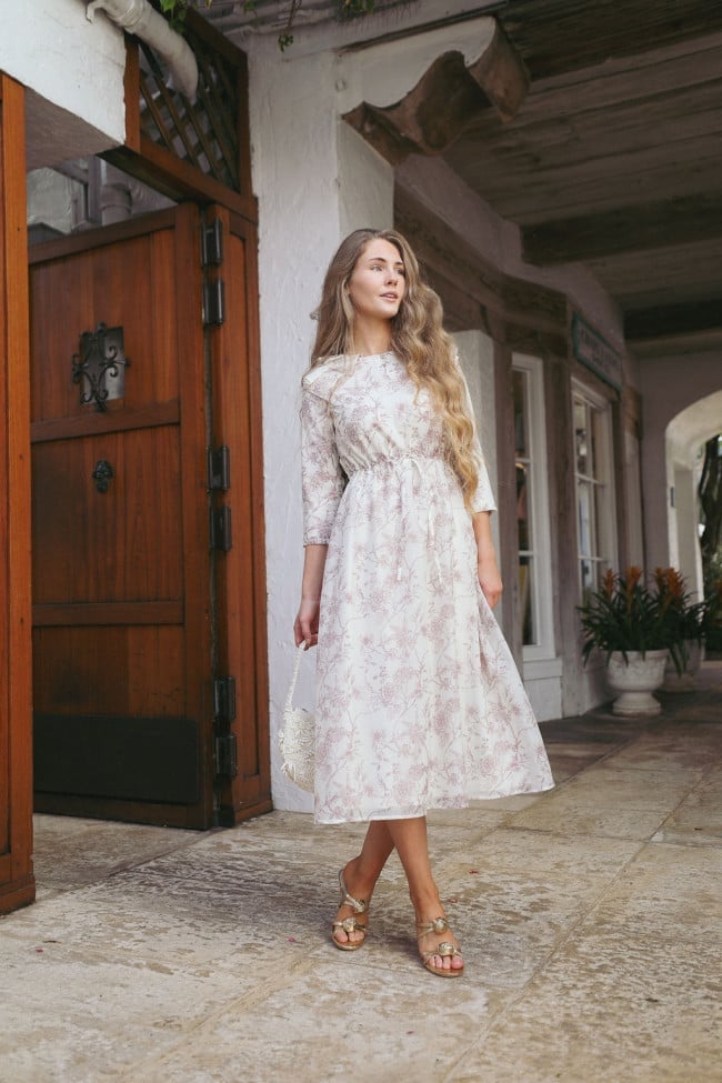 White Floral Print Dress with Cinched Waist White Floral Print Dress with Cinched Waist — Classy Knee Length Dress