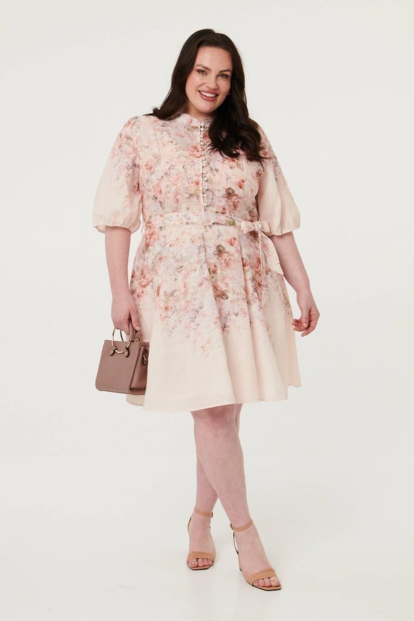 Pink Floral Print Dress with Puff Sleeves Pink Floral Print Dress with Puff Sleeves — Classy Knee Length Dress