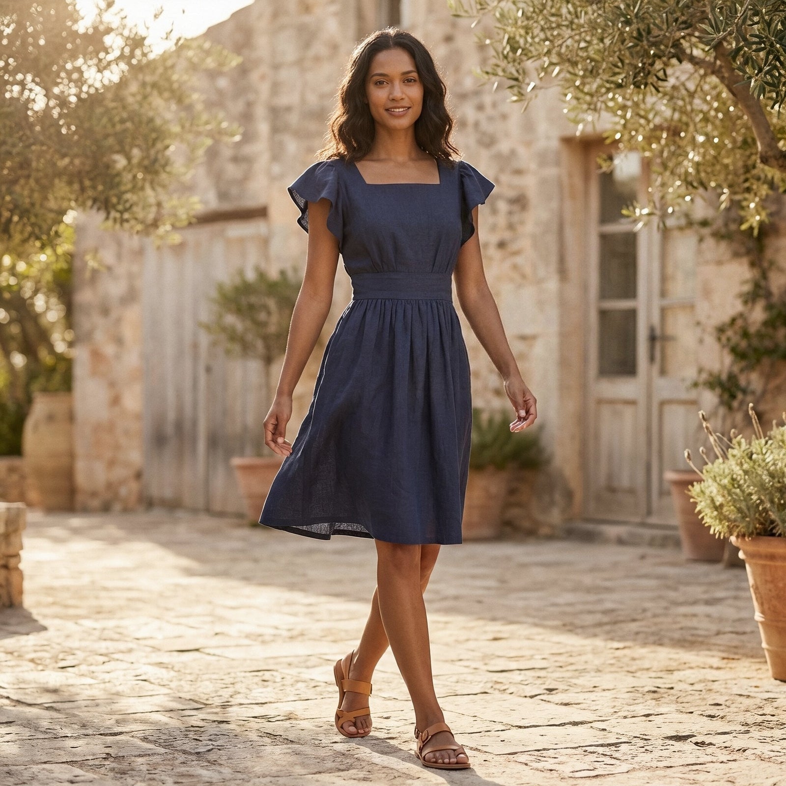 Navy Blue Linen Dress with Flutter Sleeves Navy Blue Linen Dress with Flutter Sleeves — Classy Knee Length Dress