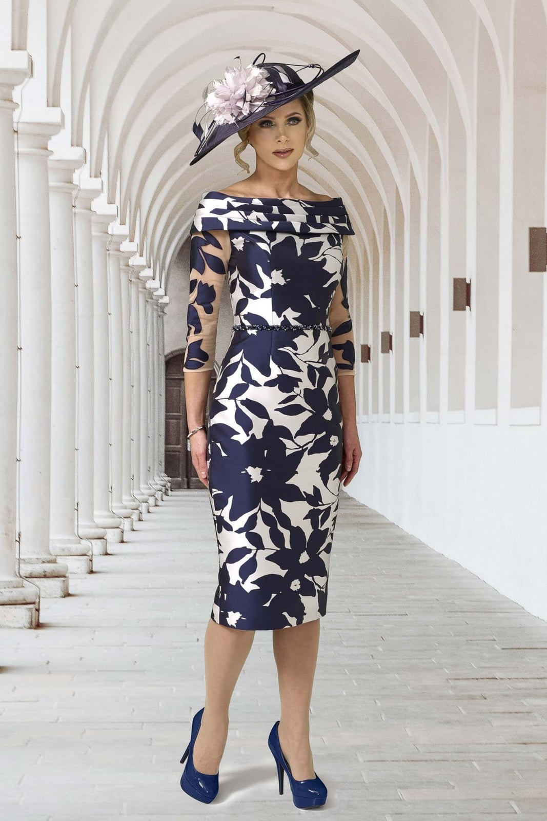 Navy and White Floral Pencil Dress Navy and White Floral Pencil Dress — Classy Knee Length Dress