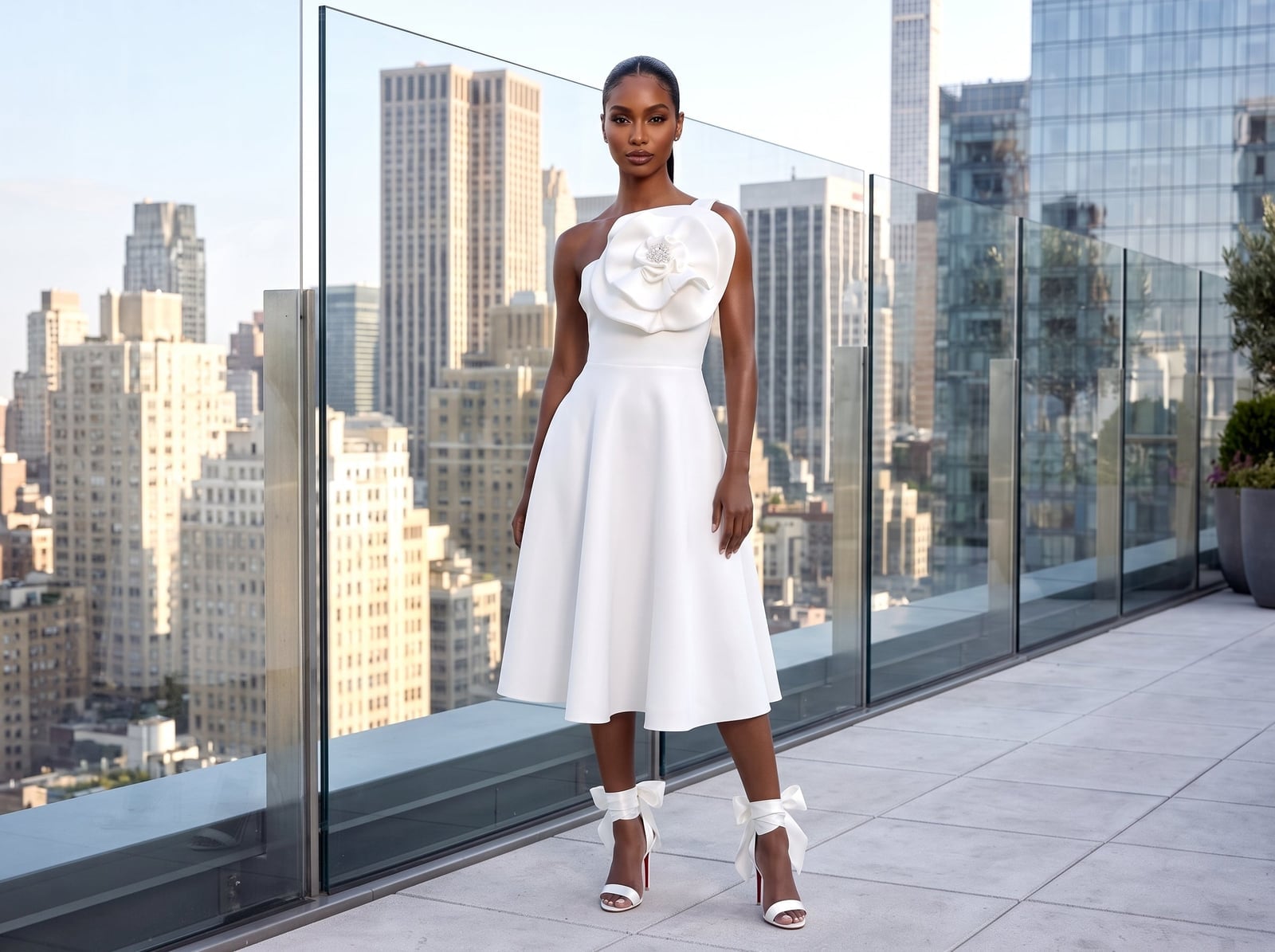 White A-Line Midi Dress with Floral Applique, Close-Up Take White A-Line Midi Dress with Floral Applique, Close-Up Take — Classy Knee Length Dress