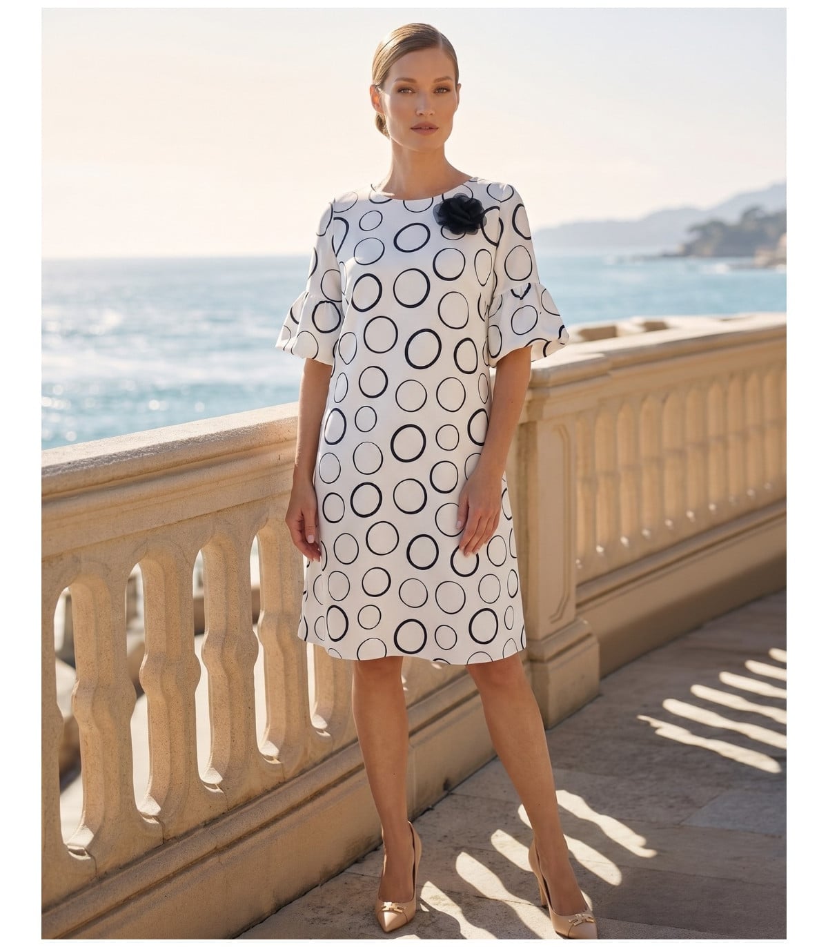 White Dress with Black Circle Print White Dress with Black Circle Print — Classy Knee Length Dress