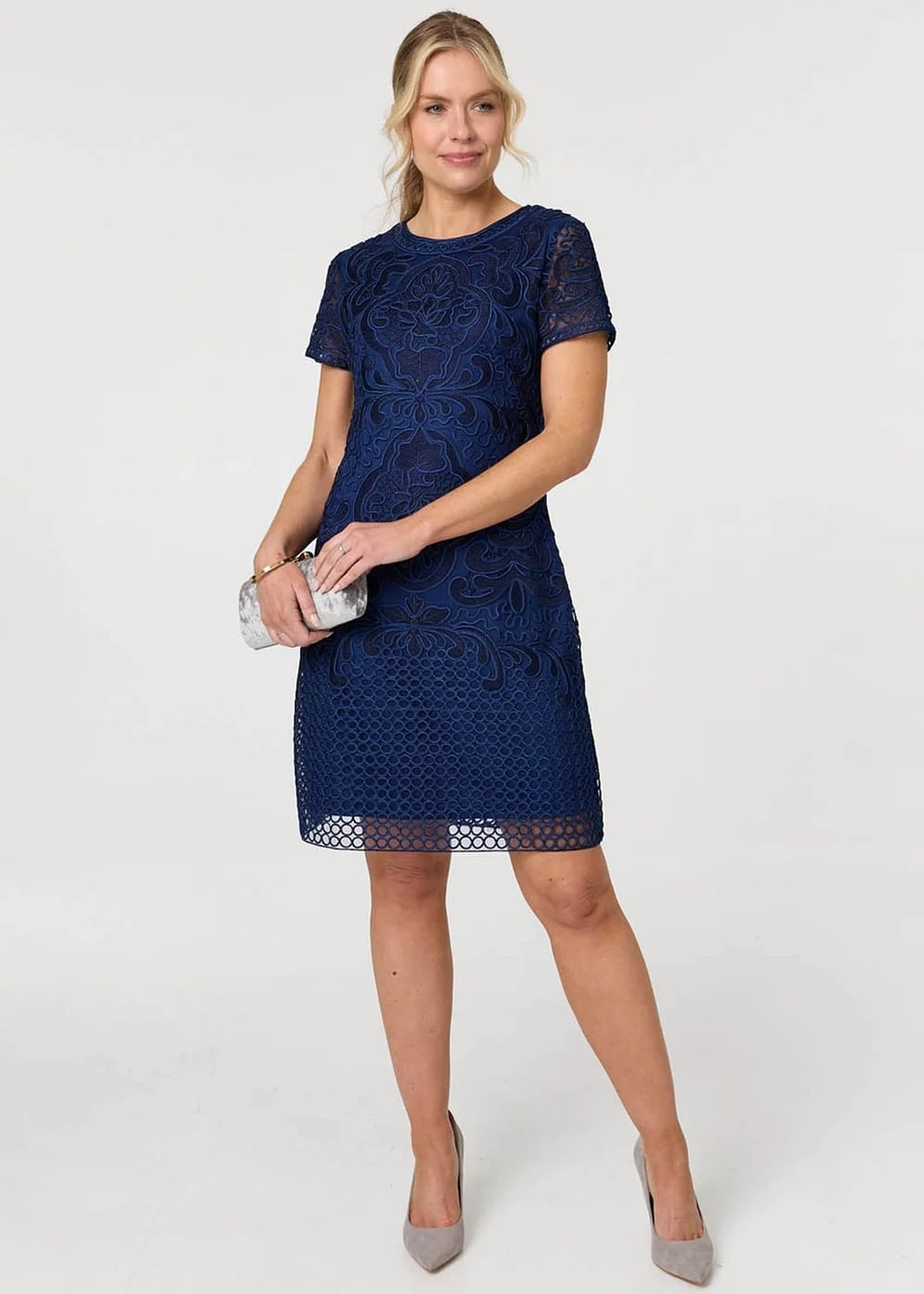 Navy Lace Dress with Silver Clutch Navy Lace Dress with Silver Clutch — Classy Knee Length Dress