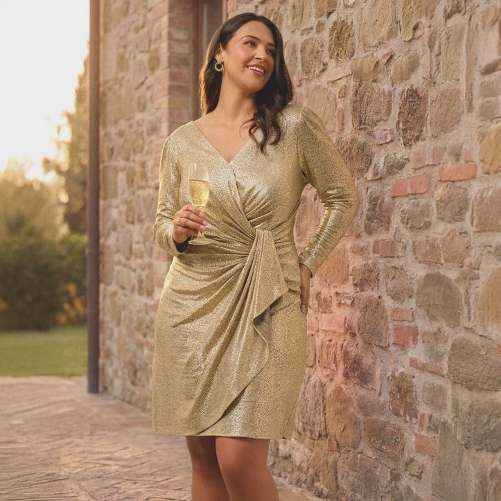 Gold Metallic Wrap Dress Gold Metallic Wrap Dress — Classy Knee Length Dress