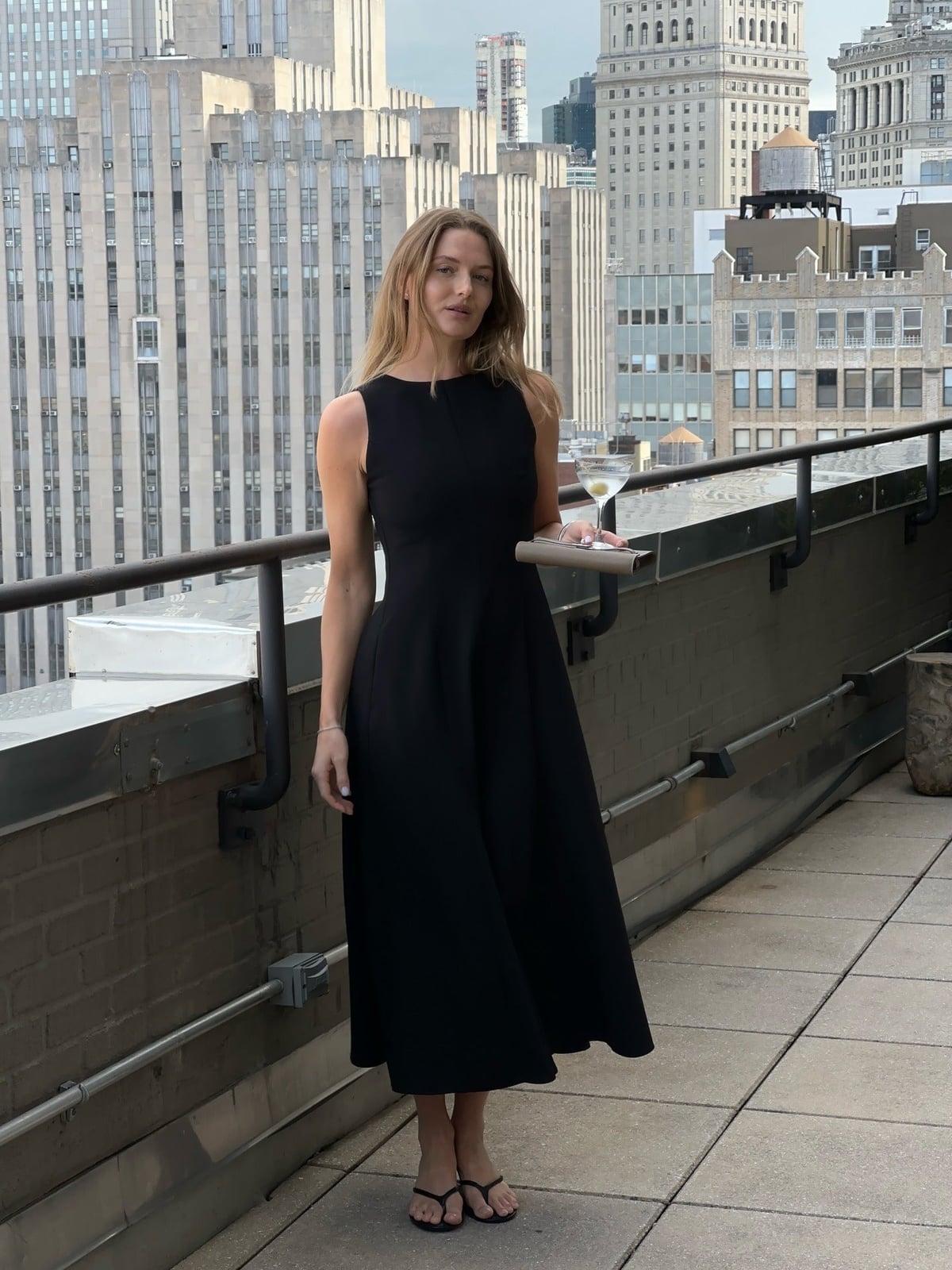 Sleeveless Black Crepe A-Line Dress With Clutch Bag Sleeveless Black Crepe A-Line Dress With Clutch Bag — Classy Knee Length Dress