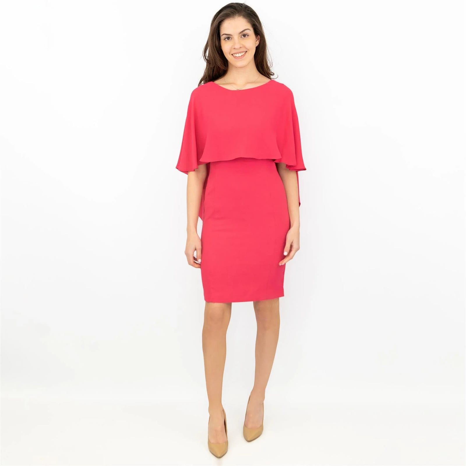 Bright Pink Shift Dress with Cape Overlay and Nude Pointed-Toe Pumps Bright Pink Shift Dress with Cape Overlay and Nude Pointed-Toe Pumps — Classy Knee Length Dress