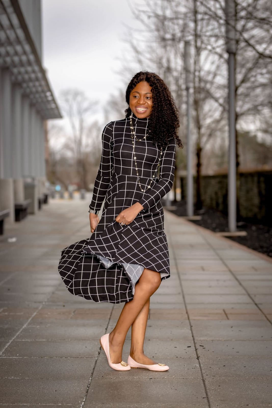 Black and White Grid Print Fit and Flare Dress With Pink Ballet Flats Black and White Grid Print Fit and Flare Dress With Pink Ballet Flats — Classy Knee Length Dress