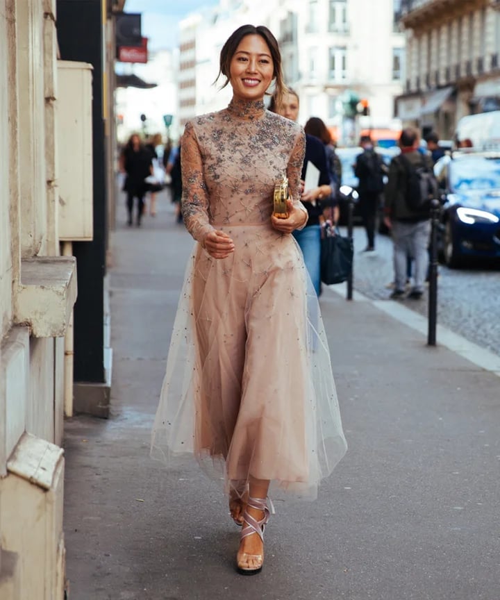 Beige and Blush Embellished Midi Dress With Strappy Heeled Sandals Beige and Blush Embellished Midi Dress With Strappy Heeled Sandals — Classy Knee Length Dress