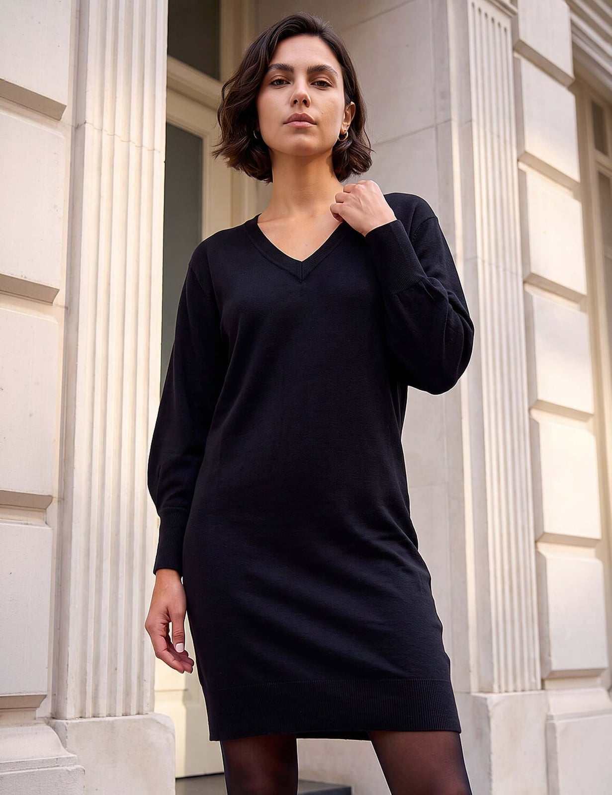 Black Knit V-neck Dress Black Knit V-neck Dress — Classy Knee Length Dress