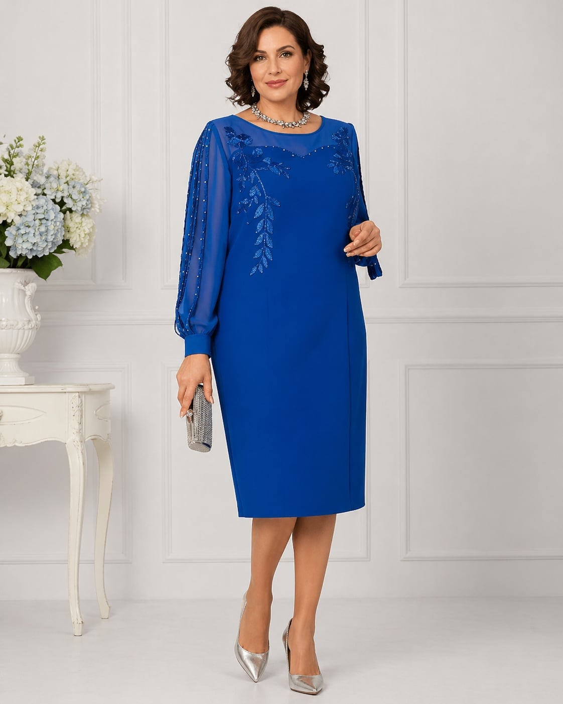 Royal Blue Dress with Beaded Sheer Sleeves Royal Blue Dress with Beaded Sheer Sleeves — Classy Knee Length Dress
