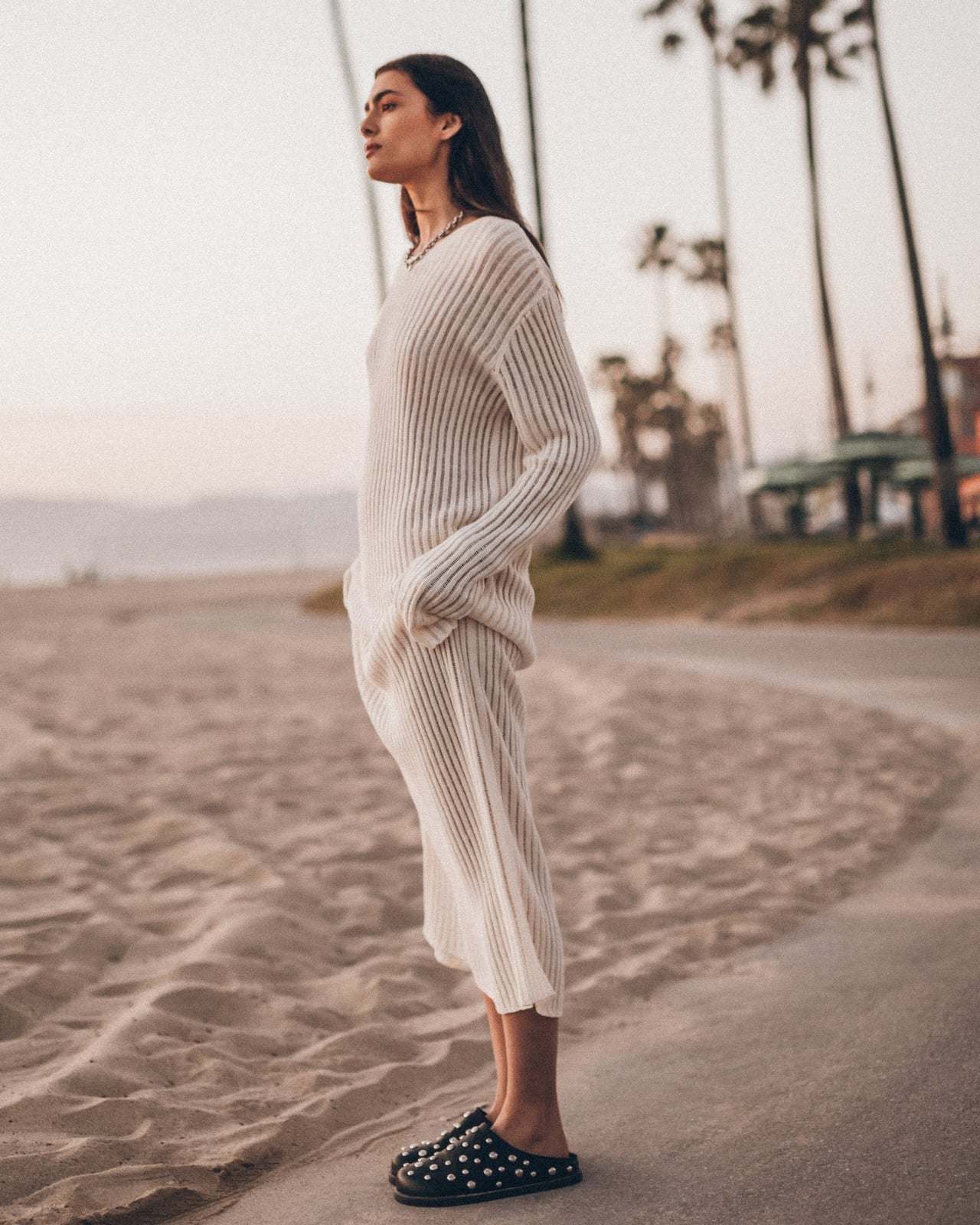 Off-white Ribbed Midi Dress with Studded Slides, Close-Up Take Off-white Ribbed Midi Dress with Studded Slides, Close-Up Take — Classy Knit Dress