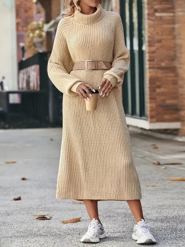 Beige Long-Sleeve Dress with Tan Belt and Sneakers Beige Long-Sleeve Dress with Tan Belt and Sneakers — Classy Knit Dress