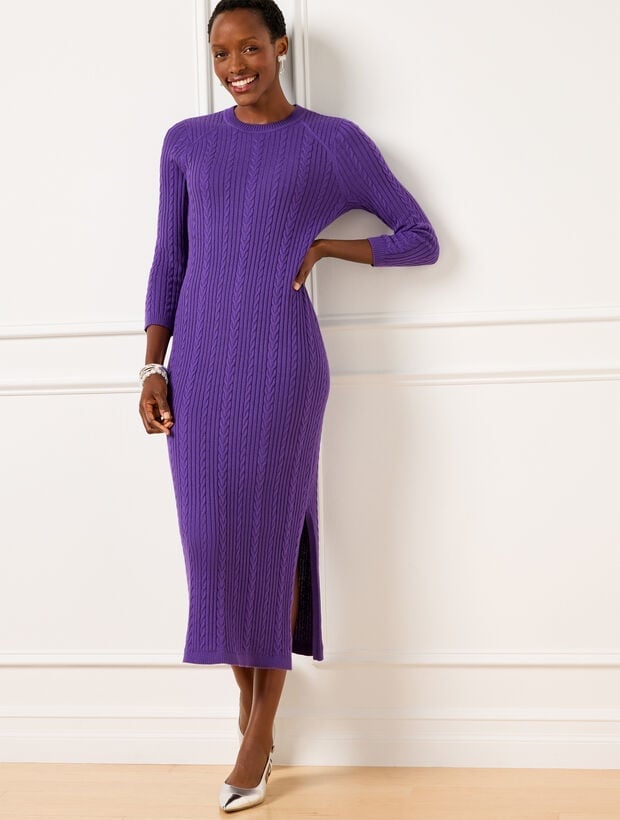 Purple Cable Knit Midi Dress with Side Slit Purple Cable Knit Midi Dress with Side Slit — Classy Knit Dress