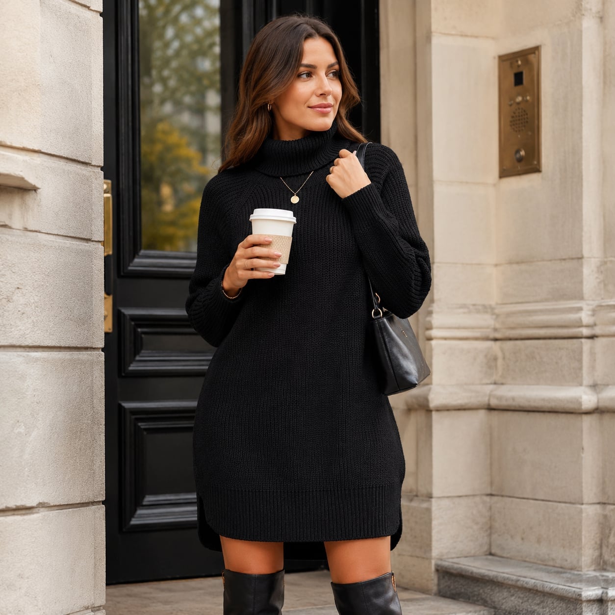 Black Oversized Long-Sleeve Knit Dress with Knee-High Boots Black Oversized Long-Sleeve Knit Dress with Knee-High Boots — Classy Knit Dress