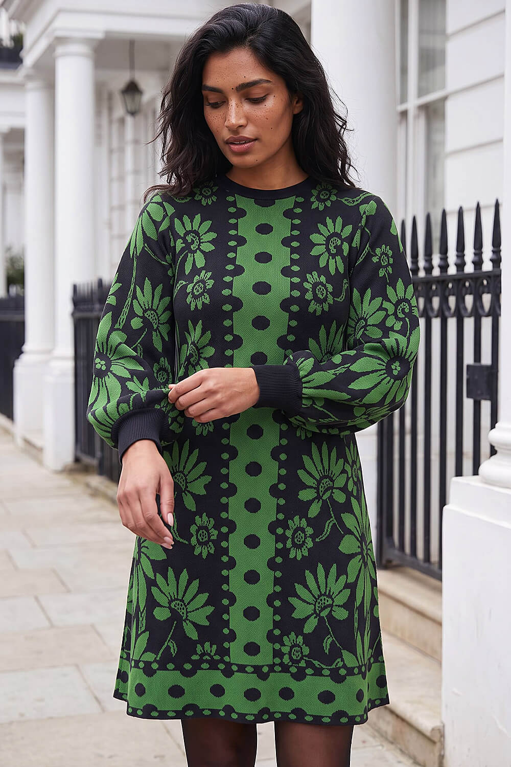 Green and Black Floral Jacquard Knit Dress Green and Black Floral Jacquard Knit Dress — Classy Knit Dress