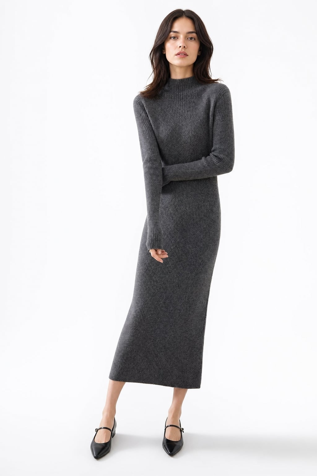 Gray Ribbed Knit Midi Dress with Columnar Silhouette Gray Ribbed Knit Midi Dress with Columnar Silhouette — Classy Knit Dress