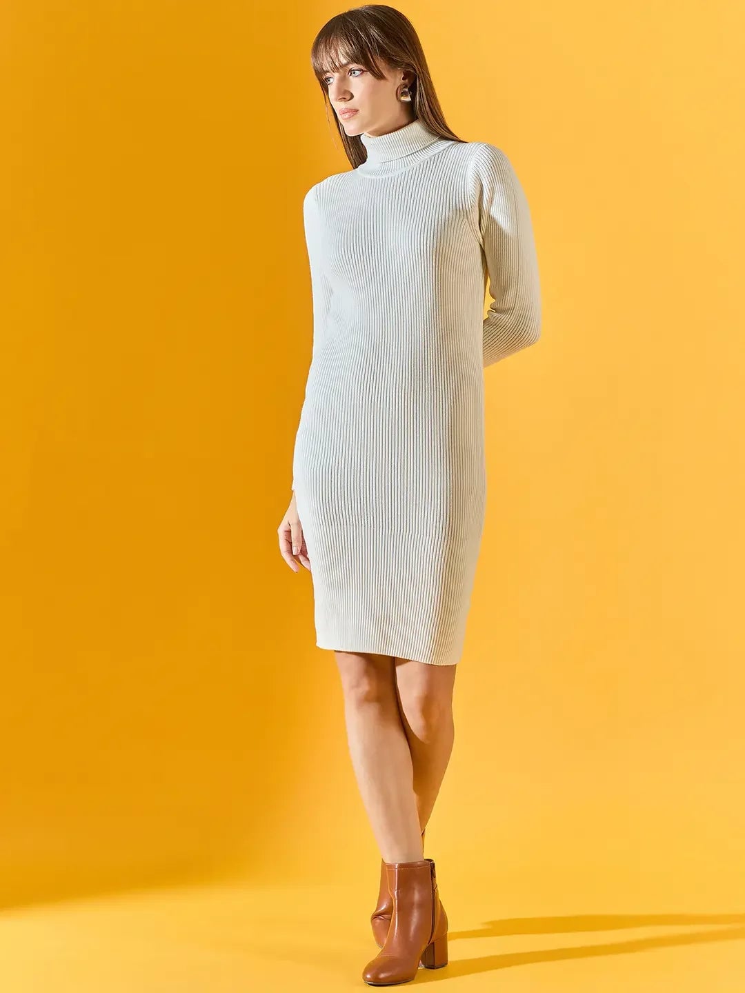 Cream Ribbed Knit Dress with Collared Half-Zip Cream Ribbed Knit Dress with Collared Half-Zip — Classy Knit Dress