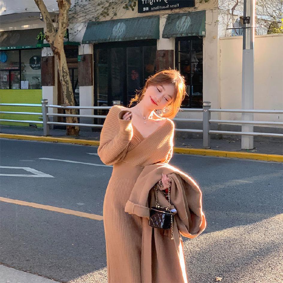Neutral Brown Wrap Knit Dress with Camel Coat Neutral Brown Wrap Knit Dress with Camel Coat — Classy Knit Dress