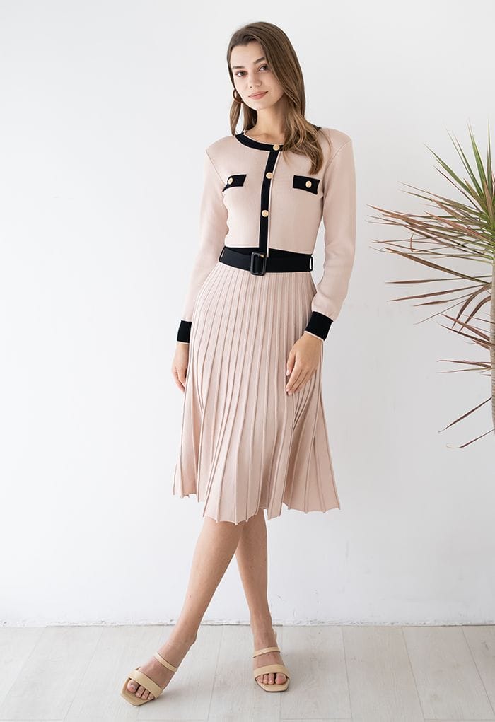 Beige Knit Dress with Pleated Skirt and Black Trim Beige Knit Dress with Pleated Skirt and Black Trim — Classy Knit Dress