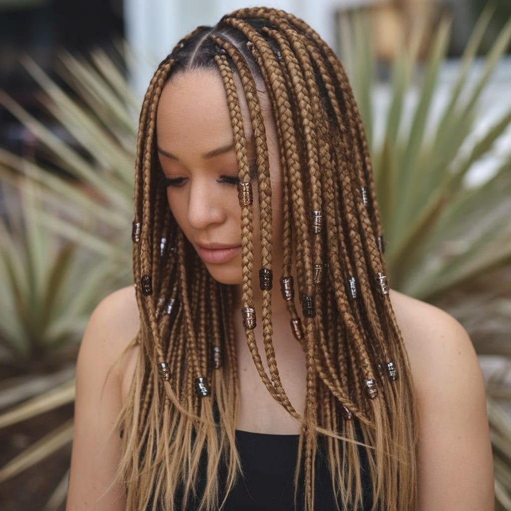 Mid-Back Light Brown Knotless Braids With Beads Mid-Back Light Brown Knotless Braids With Beads — Classy Knotless Hairstyles