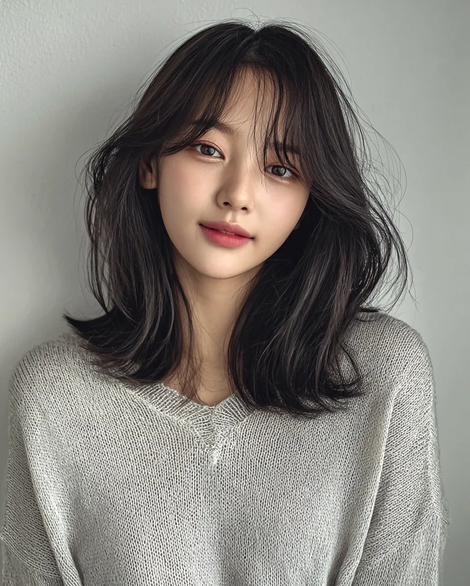 Fine Wavy Collarbone With Curtain Bangs — Classy Korean Hair